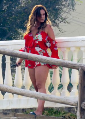 Vicky Pattison in Red Playsuit On Beach in Spain