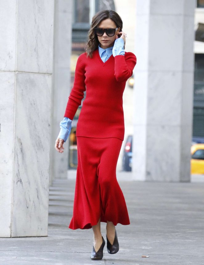 Victoria Beckham in Red Dress Leaves an Office -02 | GotCeleb