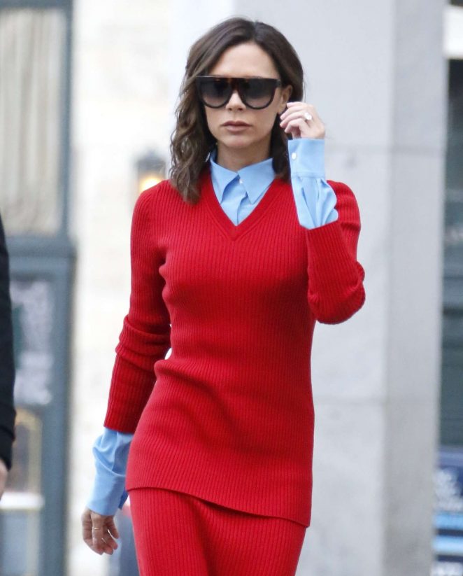 Victoria Beckham in Red Dress Leaves an Office in New York