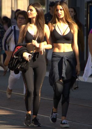 Victoria Justice and Madison Reed in Tights and Sports Bra at The Grove in LA