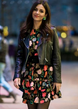Victoria Justice in Floral Dress and Leather Jacket out in NYC