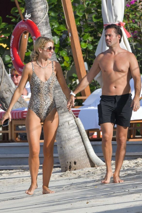 Vogue Williams in Leopard Print Swimsuit at a beach in St Barts