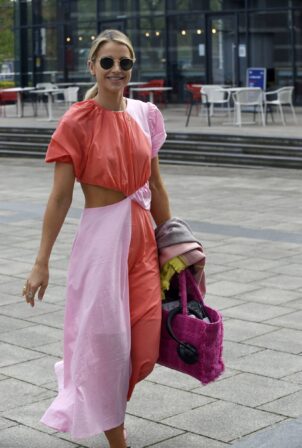 Vogue Williams - In pink dress arriving for Steph's Packed Lunch in Leeds