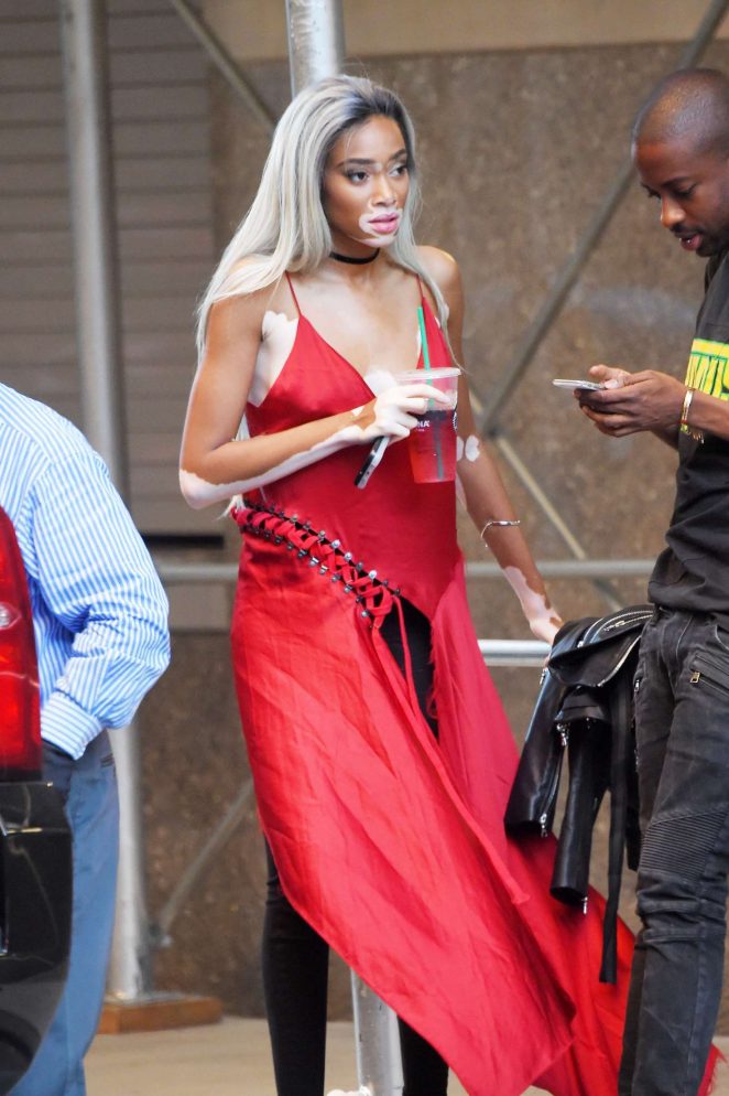 Winnie Harlow in red out in New York