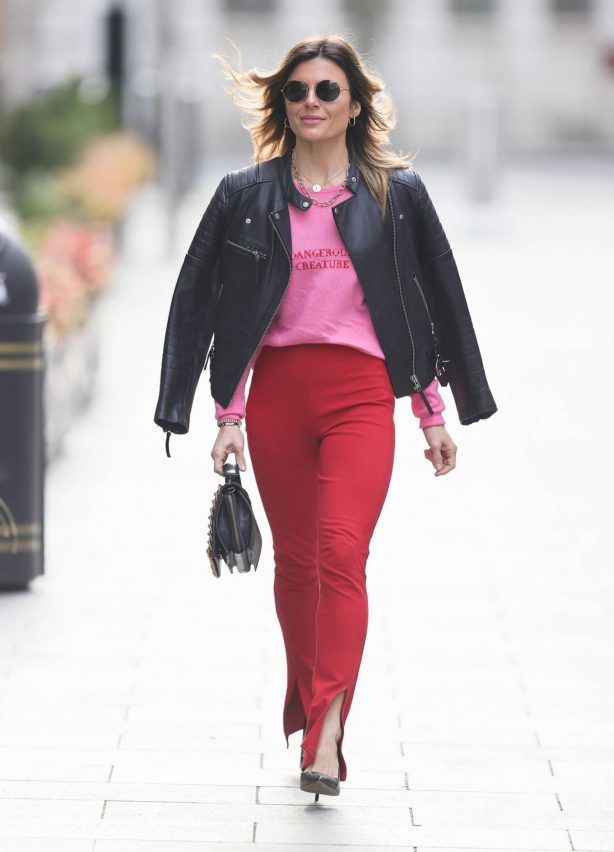 Zoe Hardman - In red skinny pants and biker jacket at Heart radio in London